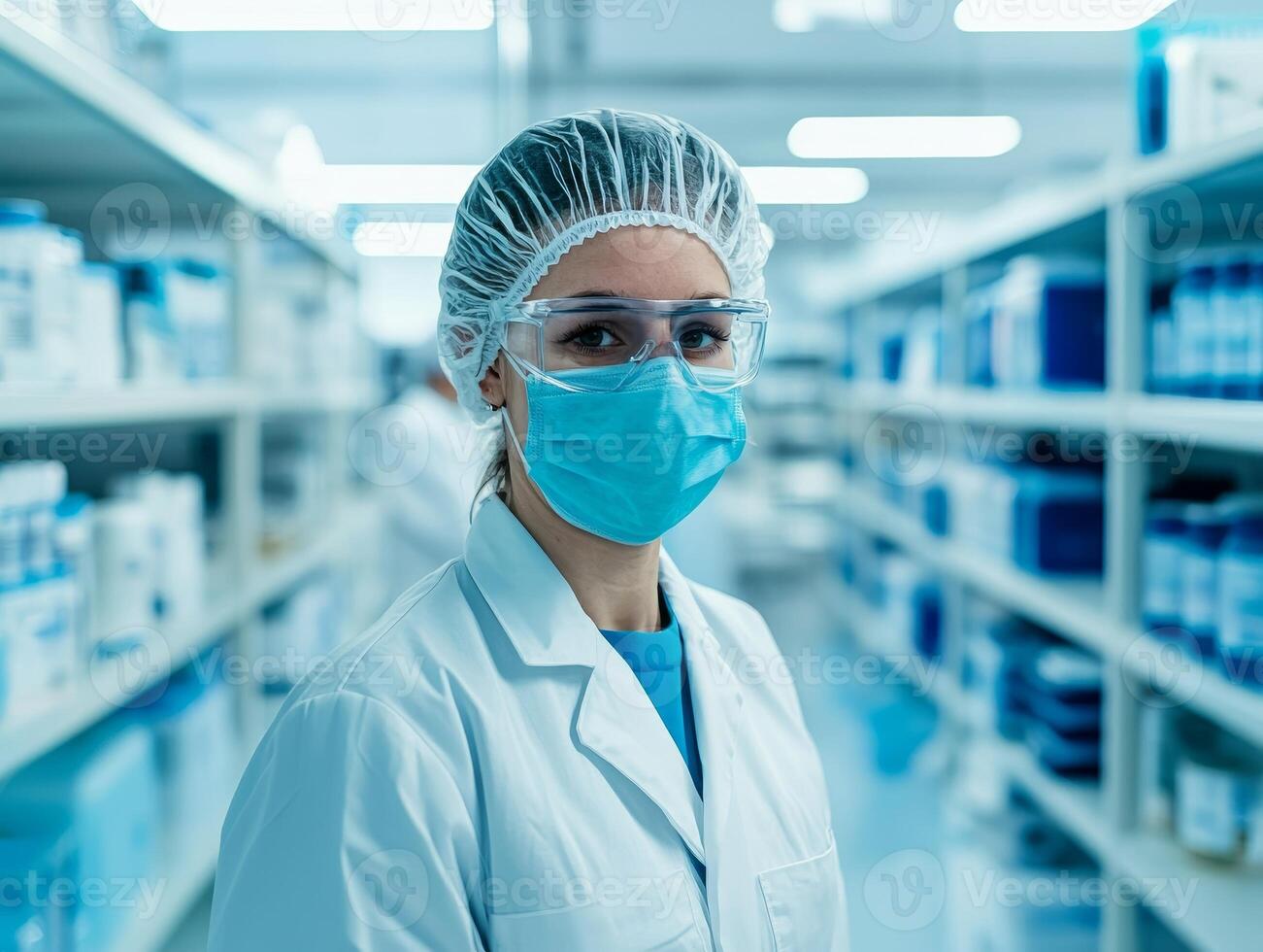 Healthcare worker in lab coat with mask, standing in a pharmaceutical storage area. photo