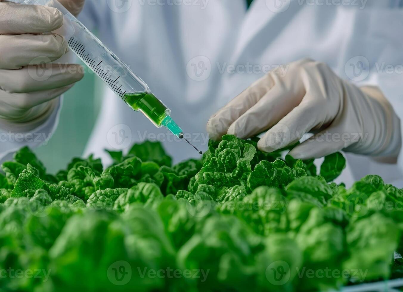 Scientist injecting liquid into fresh green lettuce in laboratory setting. photo