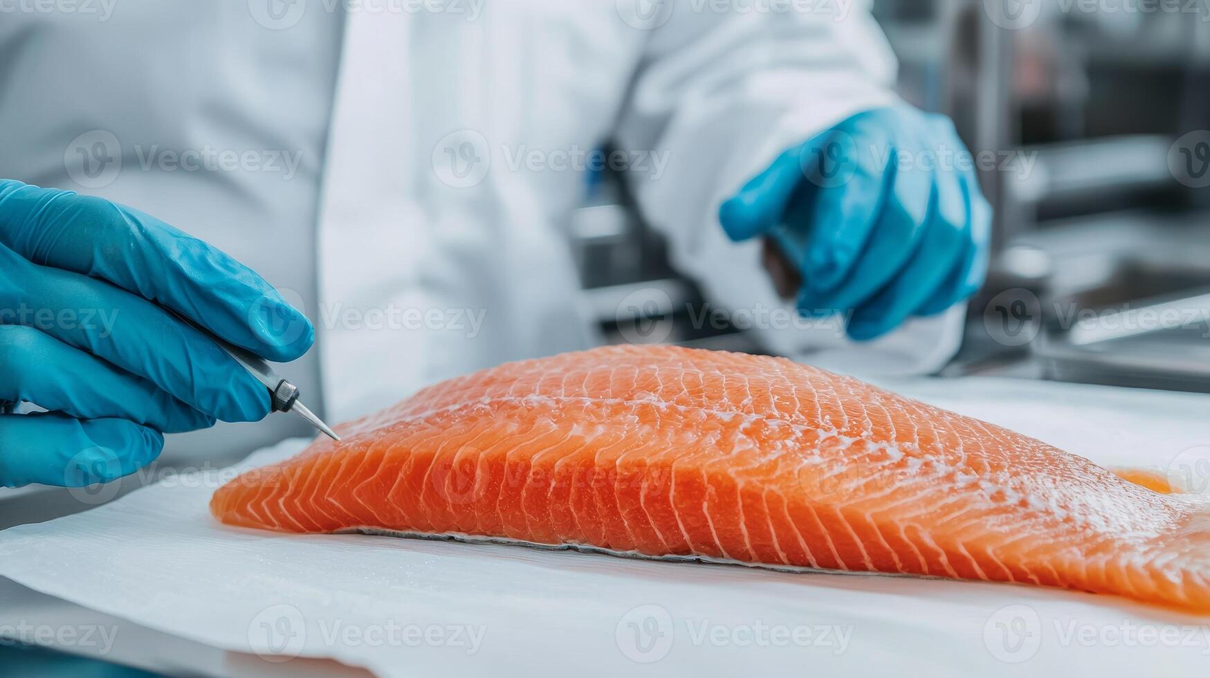 Fresh salmon being handled with care in a culinary environment. photo