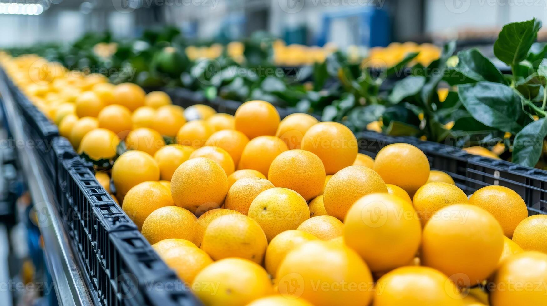 Fresh oranges stacked in crates at a fruit processing facility. photo
