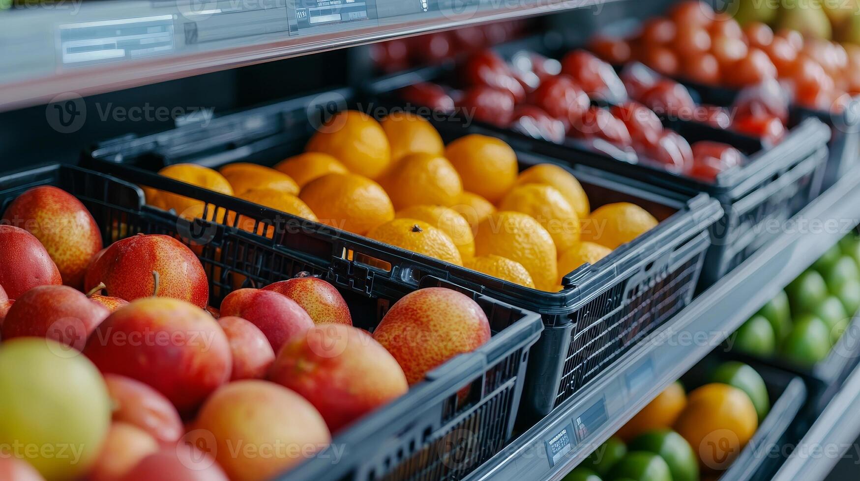 Fresh fruits displayed in baskets at a grocery store, colorful assortment. photo