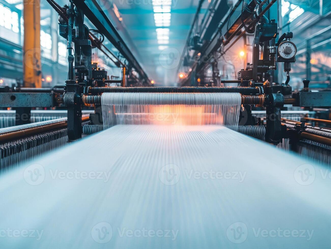 Manufacturing machinery in action, producing fabric in a textile factory. photo