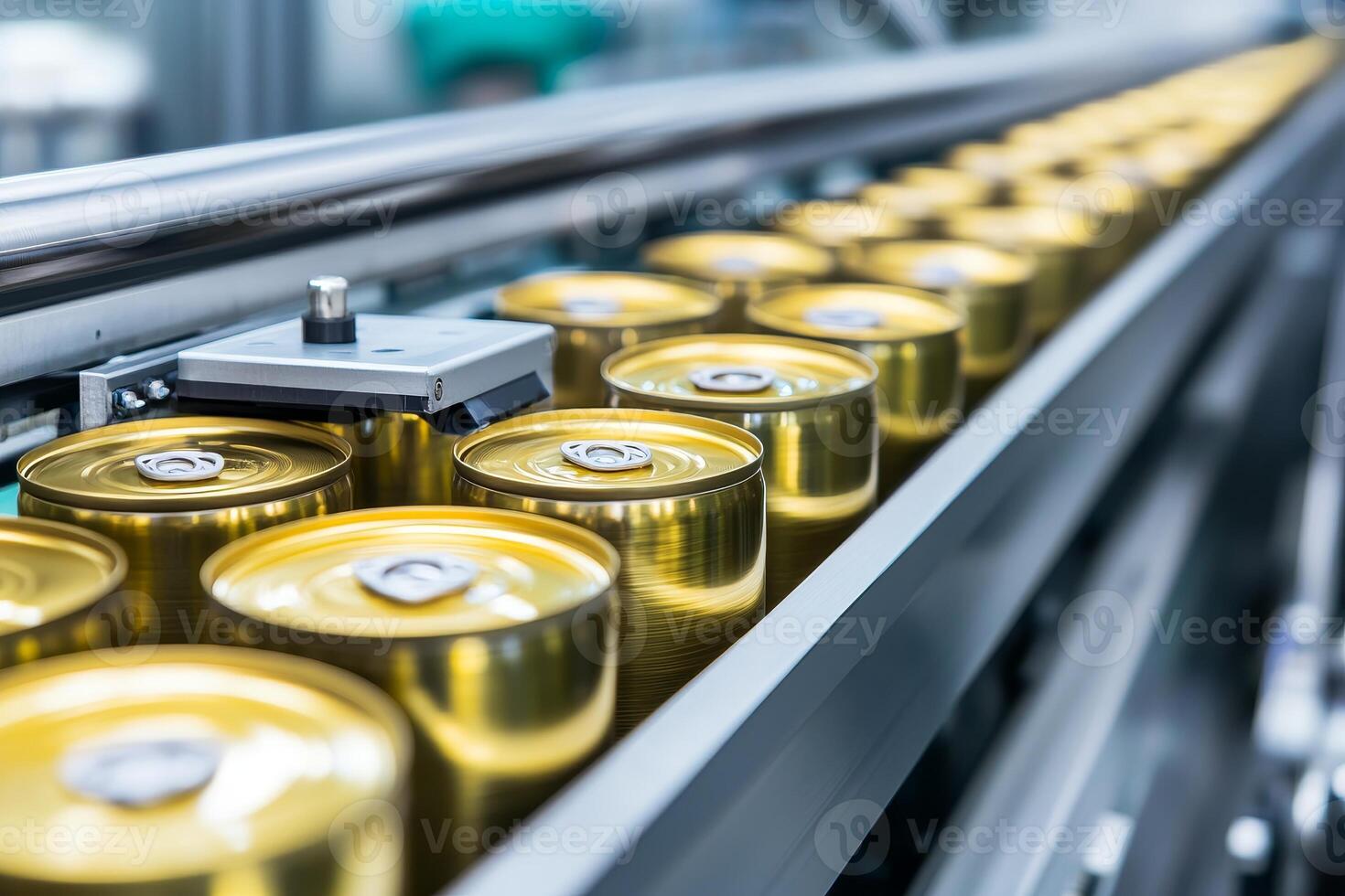 Cans on a conveyor belt in a modern beverage factory, seamless production line. photo
