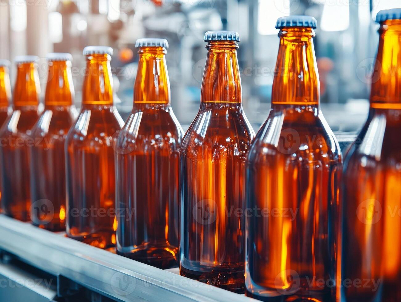 Line of amber glass bottles on a production conveyor in a brewery. photo