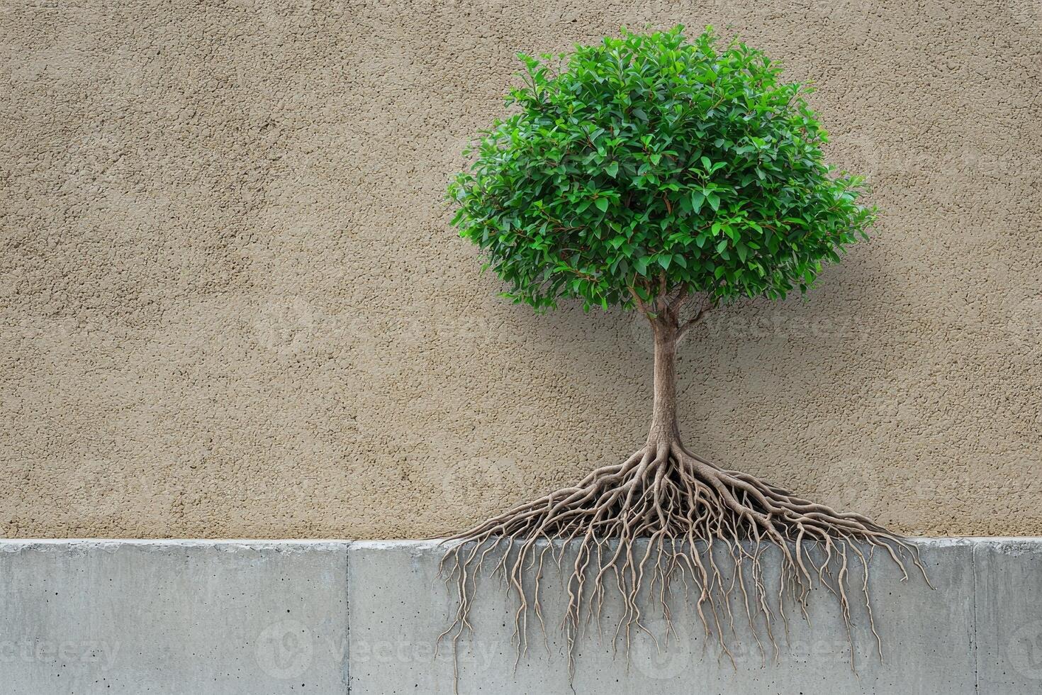 Tree with roots exposed against a textured wall, symbolizing growth and resilience. photo
