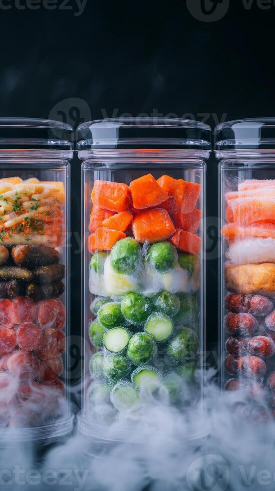 Colorful vegetables and fish in clear containers, smoky background. photo