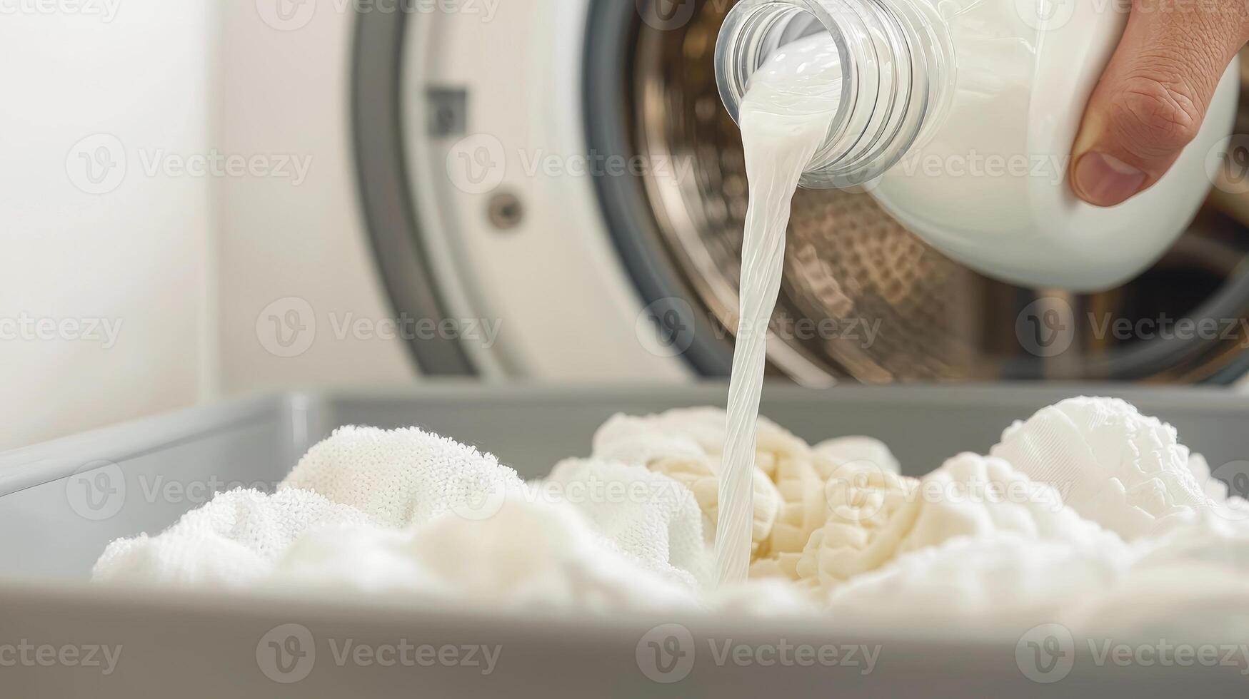Pouring laundry detergent into a washing machine with clean white clothes. photo