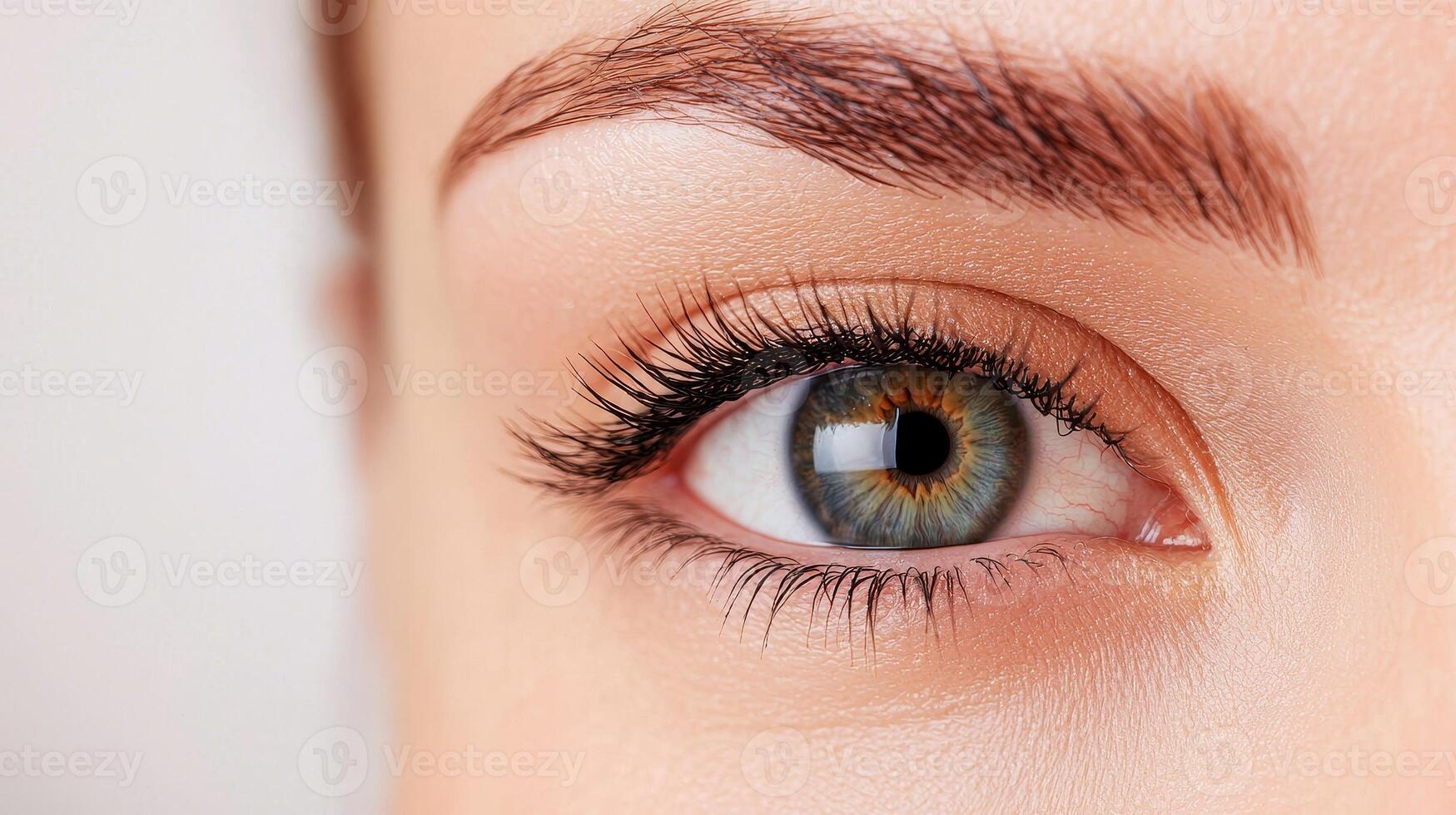 Close-up of a human eye showcasing beautiful green iris and natural eyelashes. photo