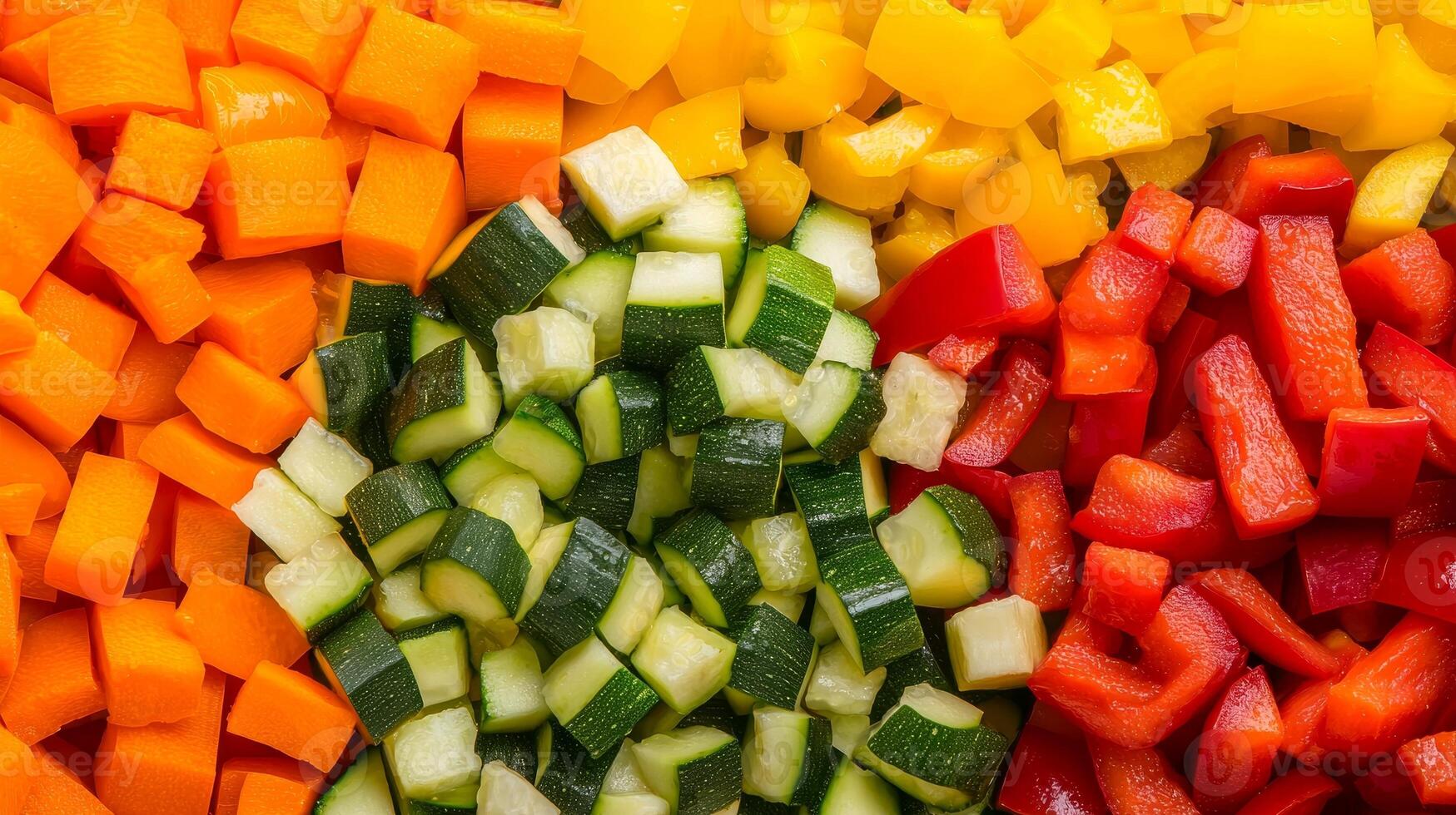 Colorful diced vegetables arranged in a vibrant display on a white background. photo