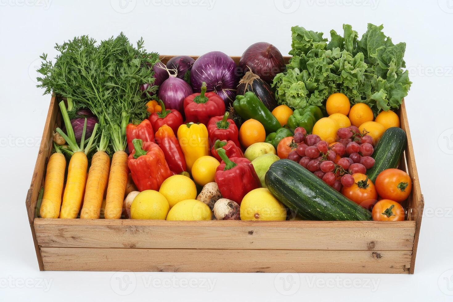 Colorful assortment of fresh vegetables and fruits in a wooden crate, white background. photo