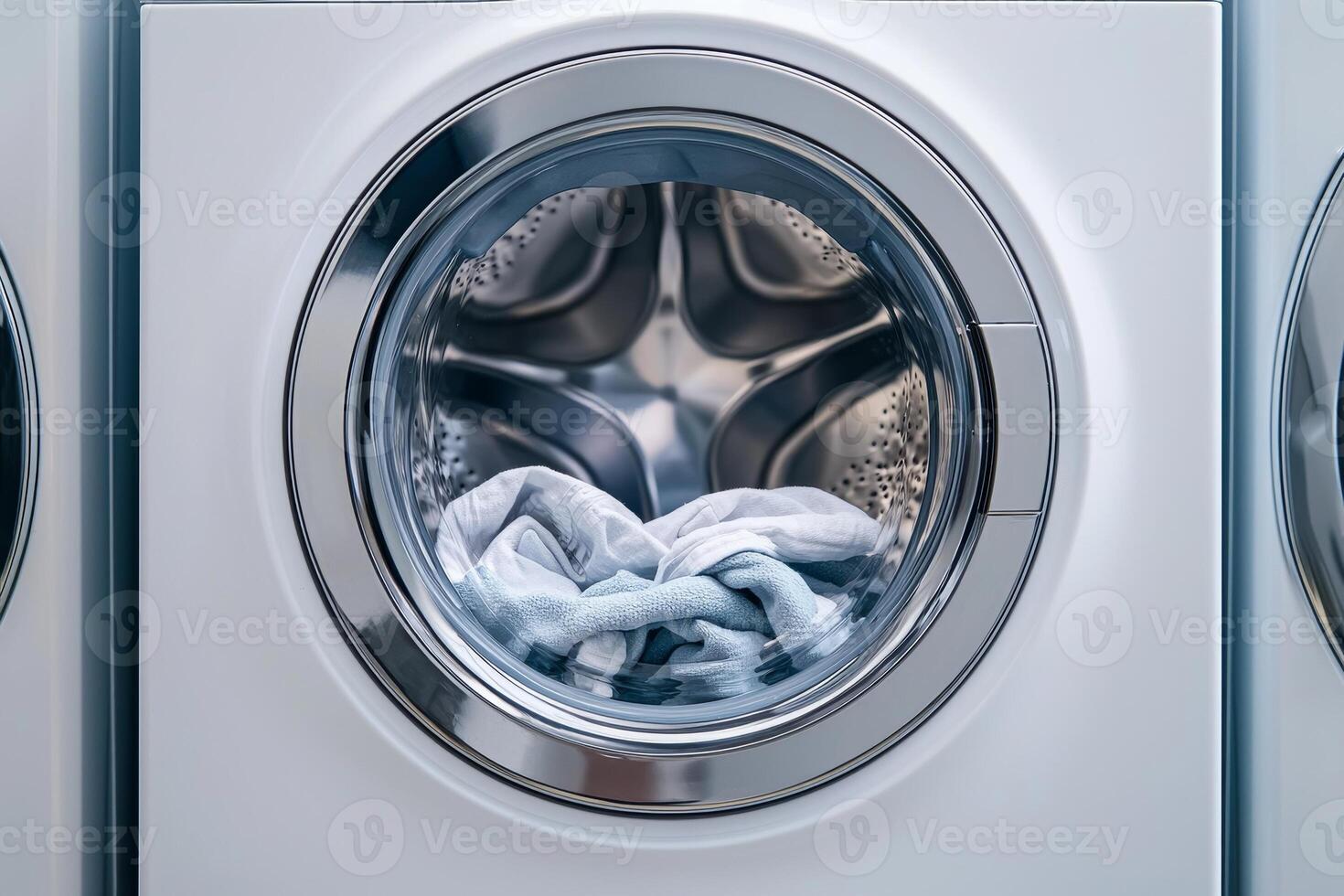 Washing clothes in a modern washing machine, front view with transparent door. photo