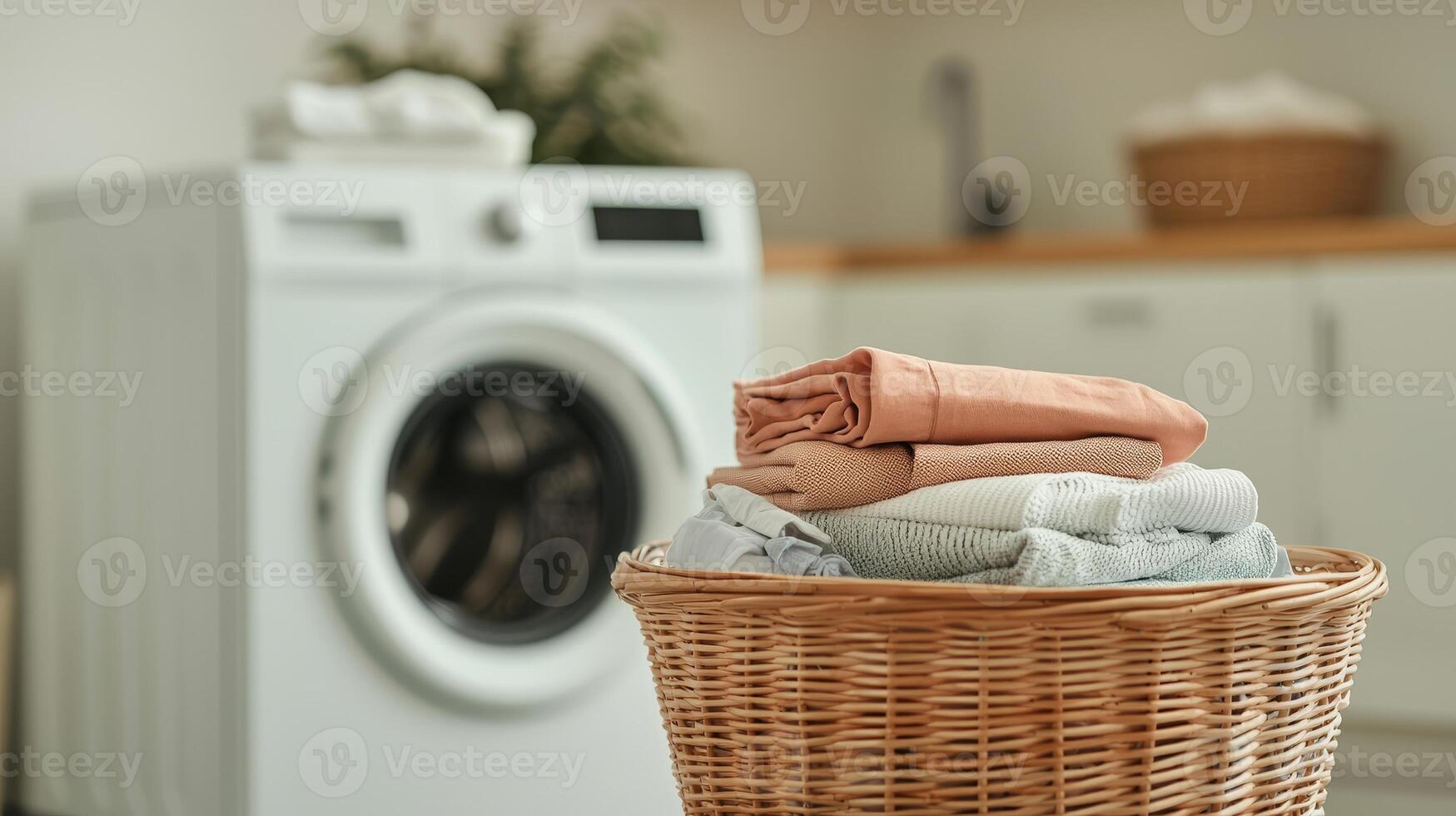 Basket with clean folded laundry near a washing machine in a laundry room. photo