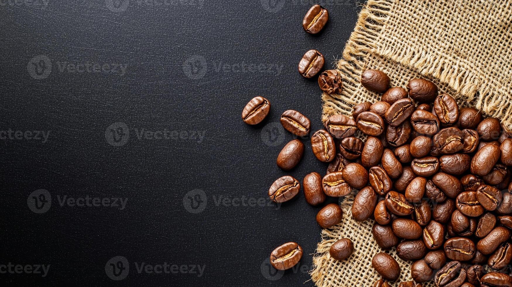 Coffee beans scattered on a dark surface with burlap fabric, studio shot. photo