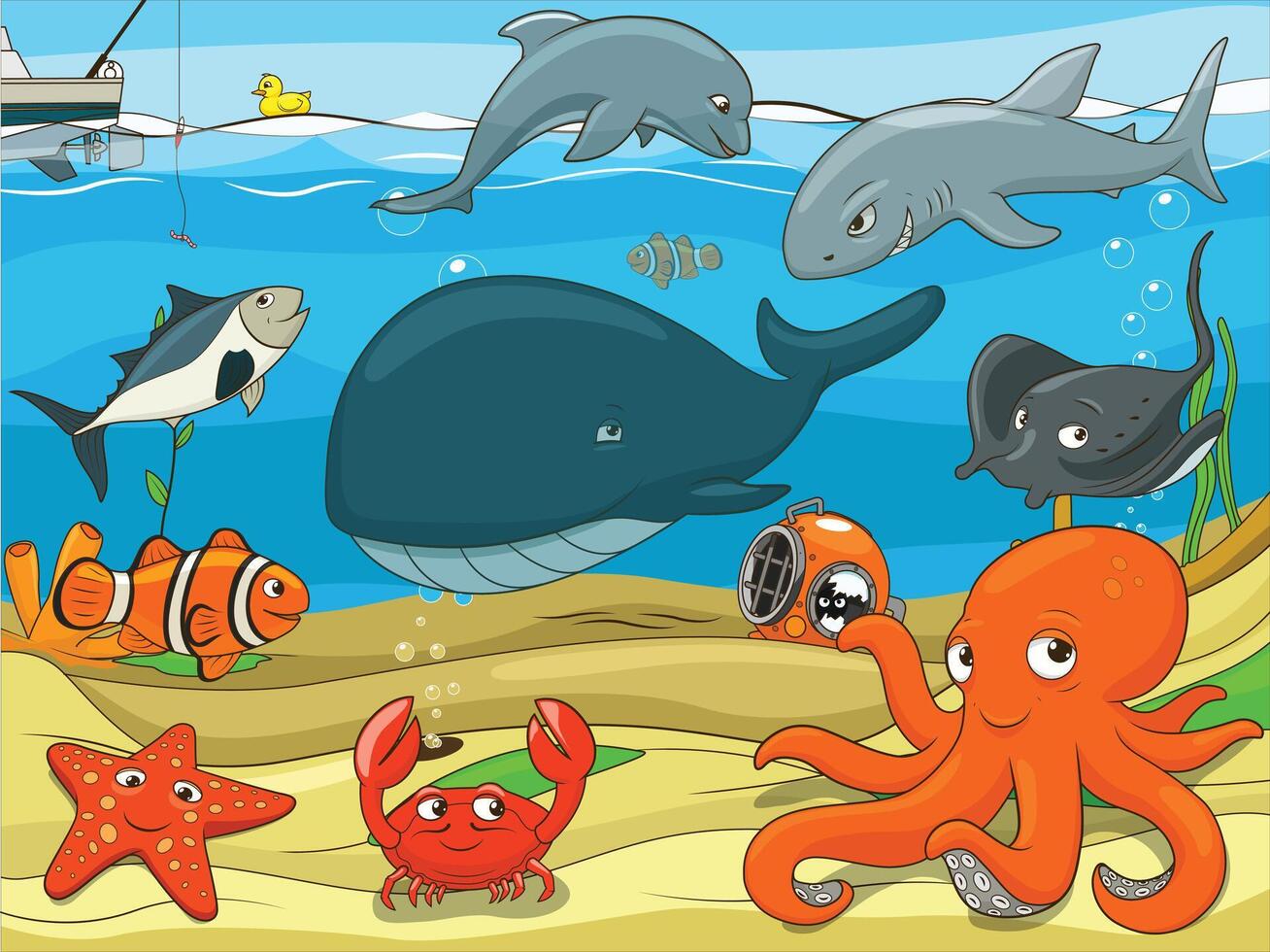 Sea animals and fish in the ocean vector