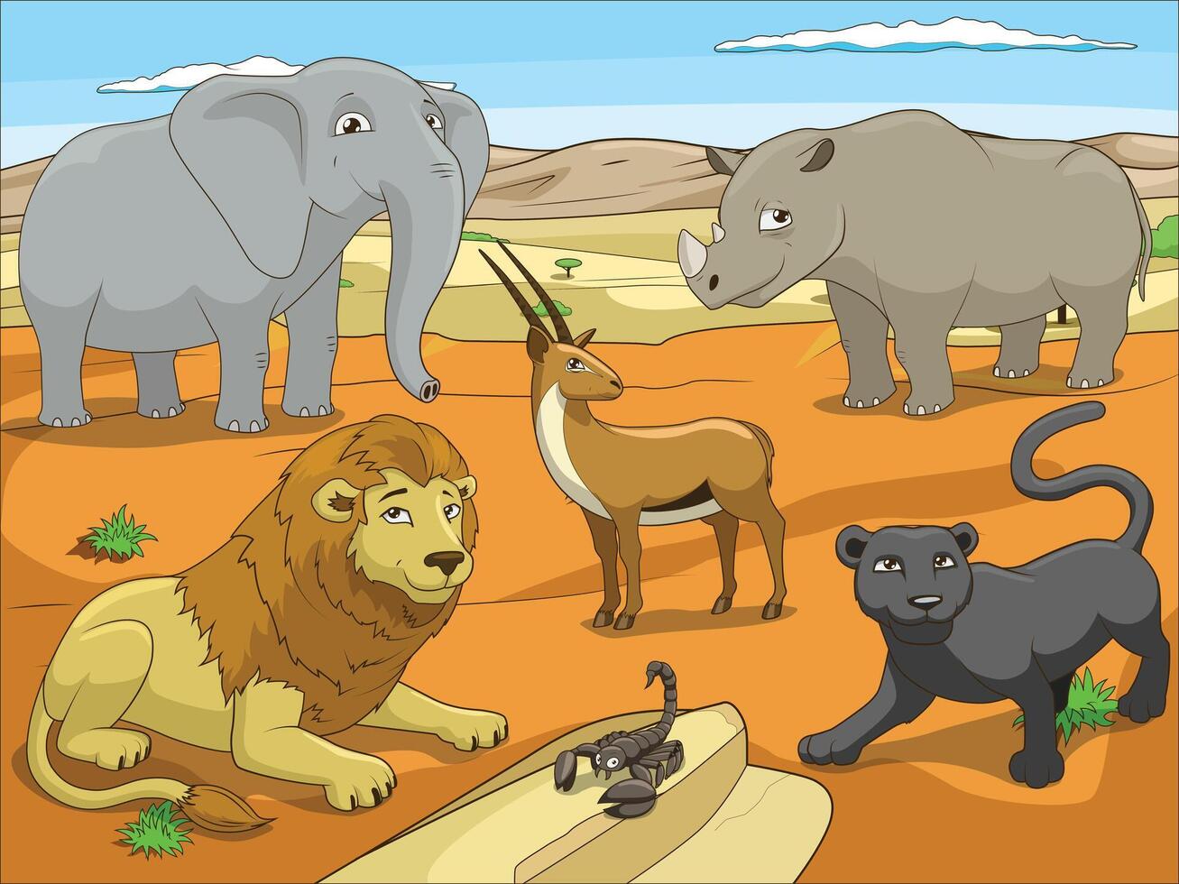 A cartoon of animals in the desert vector