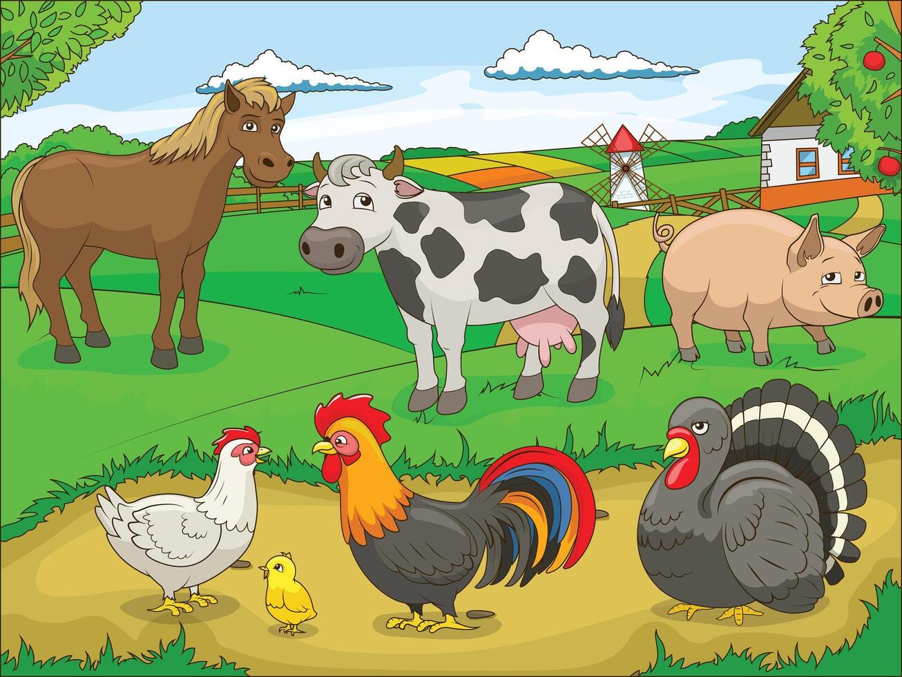 Farm animals and farm animals in a cartoon style vector