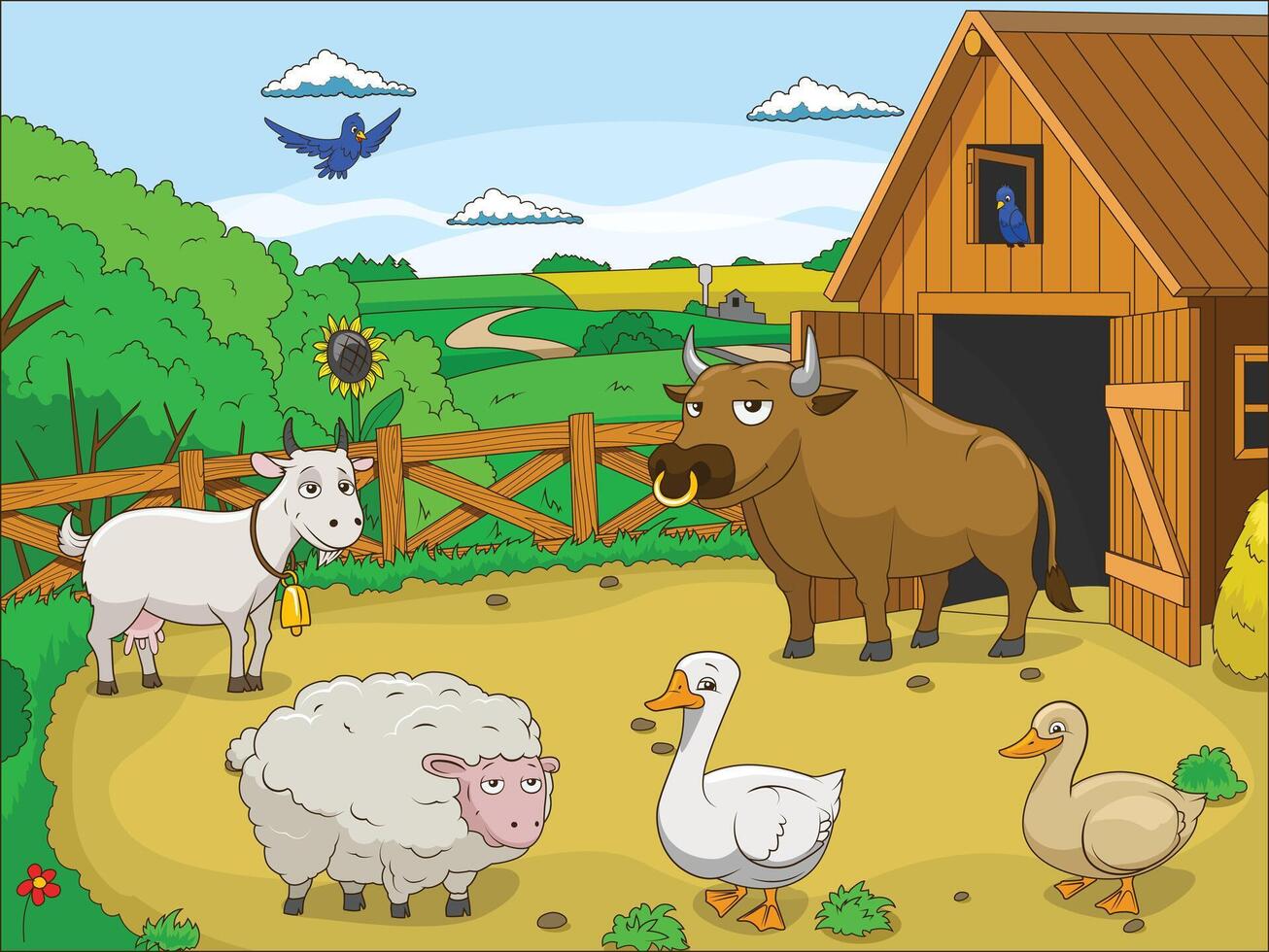 A cartoon farm scene with animals and a barn vector