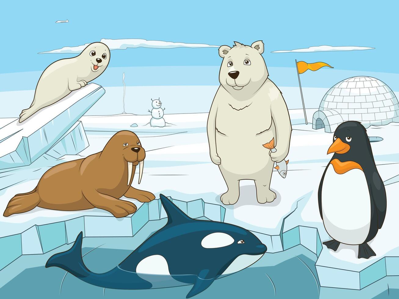 A cartoon of animals in an ice field vector