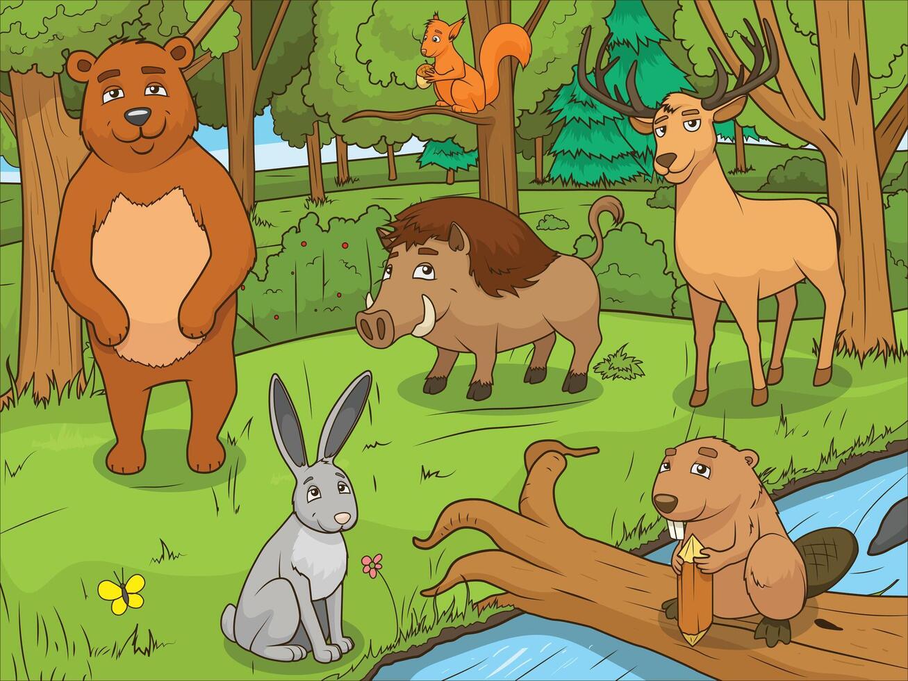 Cartoon animals in the forest vector