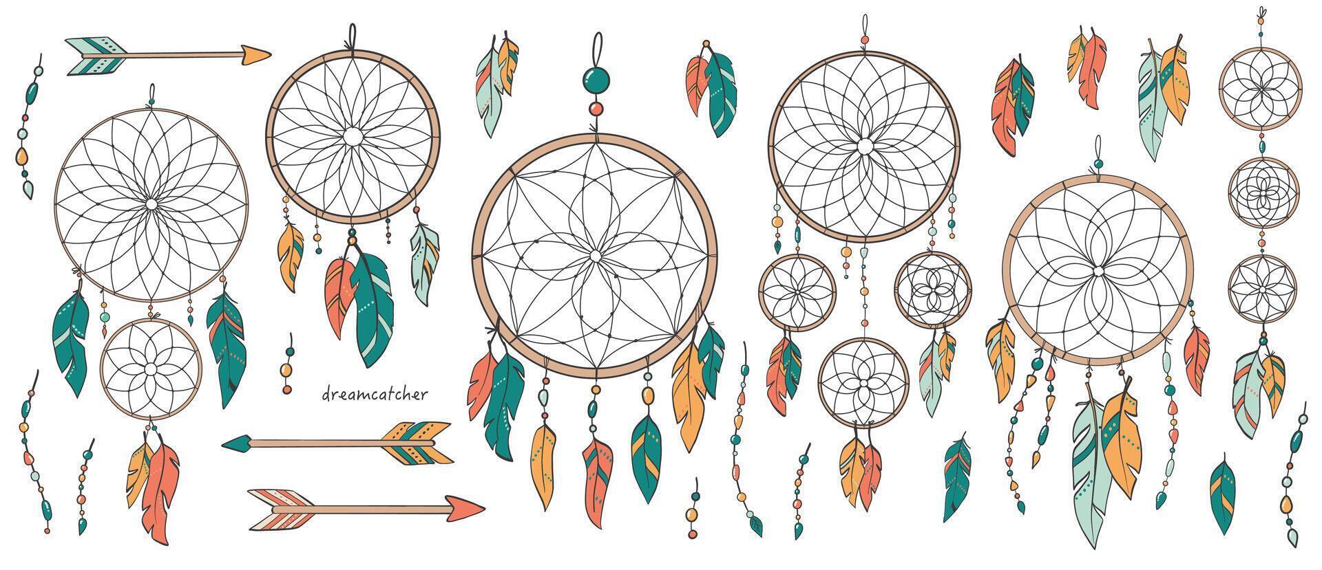 Dream catchers, feathers, arrows and beads collection for posters, prints, cards, banners, signs, stickers, stationary, sublimation, etc. EPS 10 vector