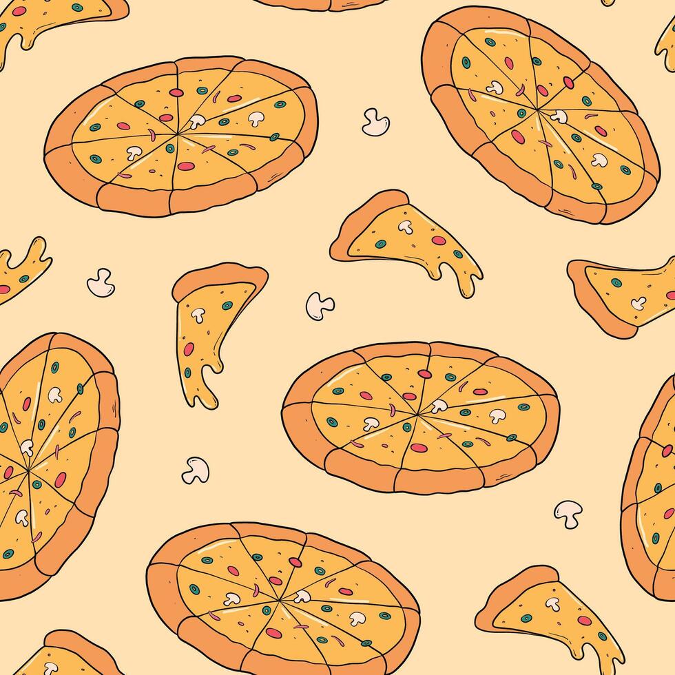 Pizza seamless pattern with doodles for prints, wallpaper, backgrounds, wrapping paper, textile, packaging, etc. EPS 10 vector