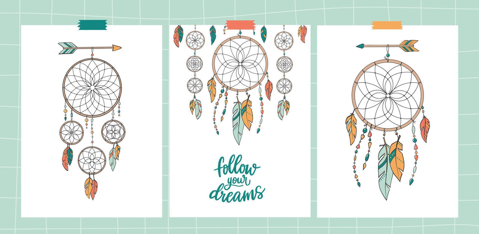 boho tribal posters, cards, banners for nursery decor with hand drawn dream catchers and feathers. Kids apparel decor, wallpaper, design. EPS 10 vector