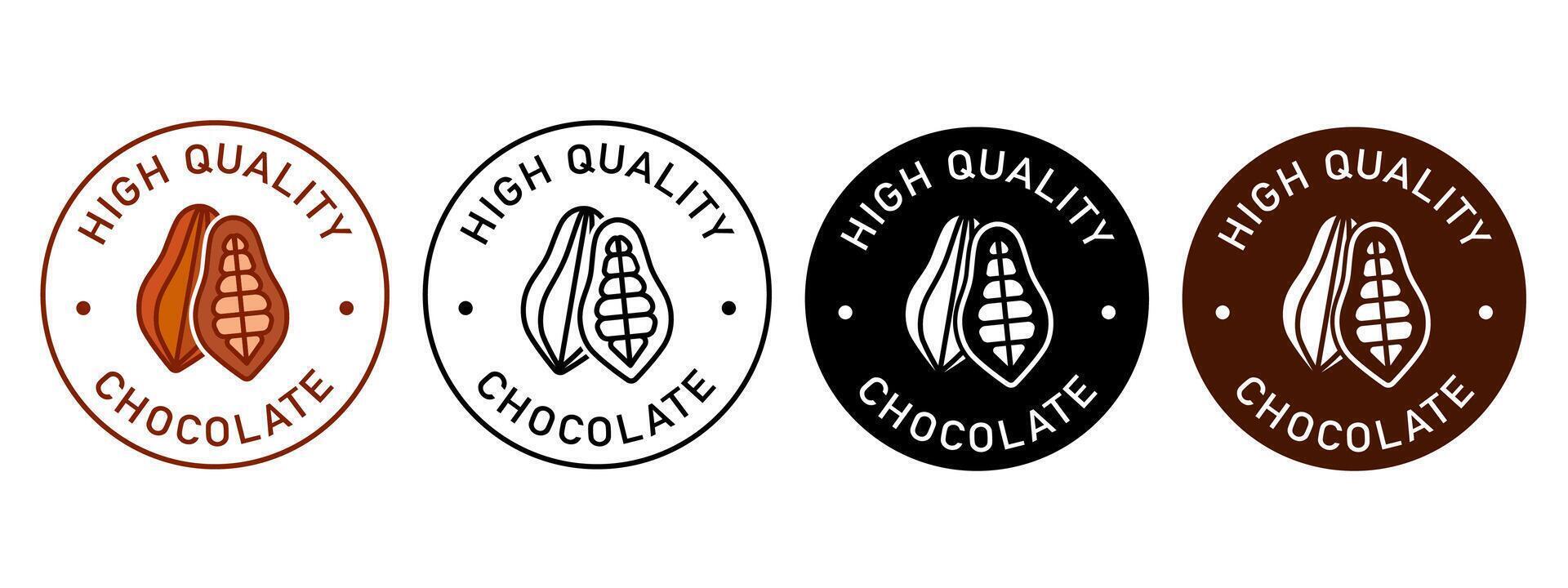 High quality chocolate label design for packaging. Cocoa beans brown and black sticker. Transparent background. Illustration, logo, stamp, tag, emblem, mark or seal. vector