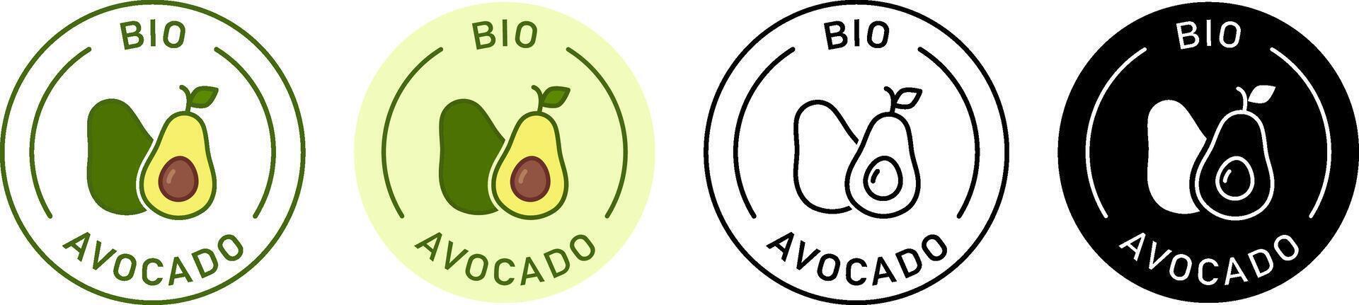 Bio avocado label design for packaging. Avocado green sticker. Transparent background. Illustration, logo, stamp, tag, emblem, mark or seal. vector