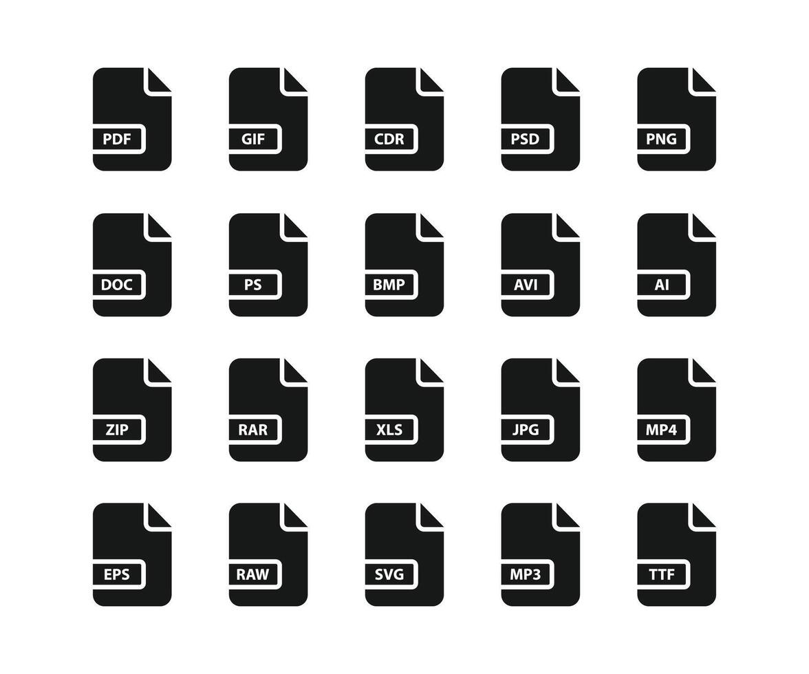 File format icon set. File type icon set. Format and extension of documents. Document format file icon, vector