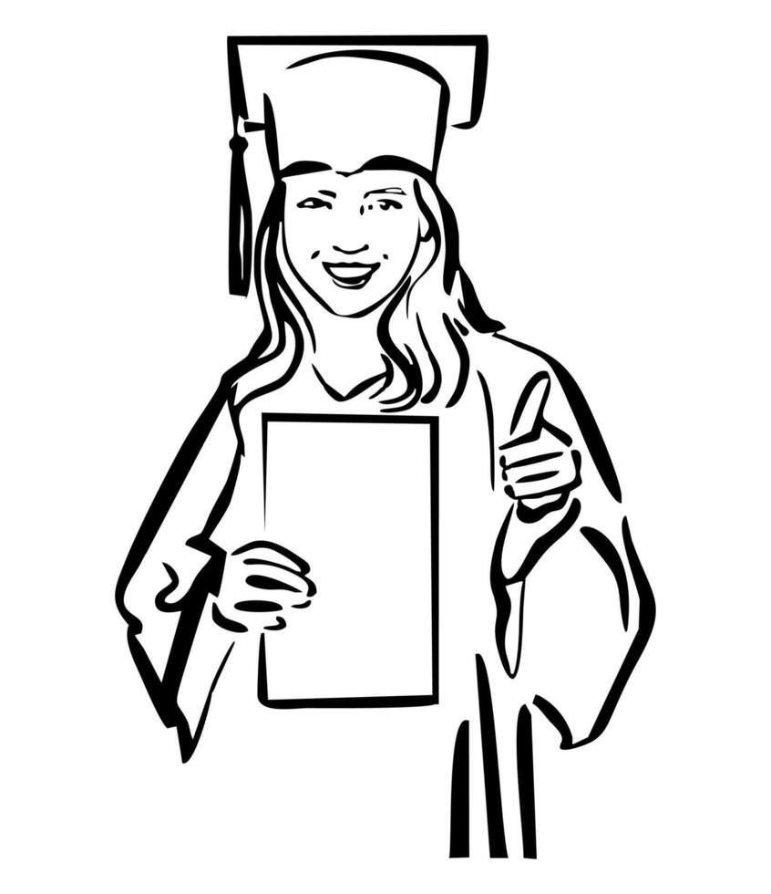 Minimalistic black and white linear illustration of a graduate student receiving her diploma, isolated on white background vector