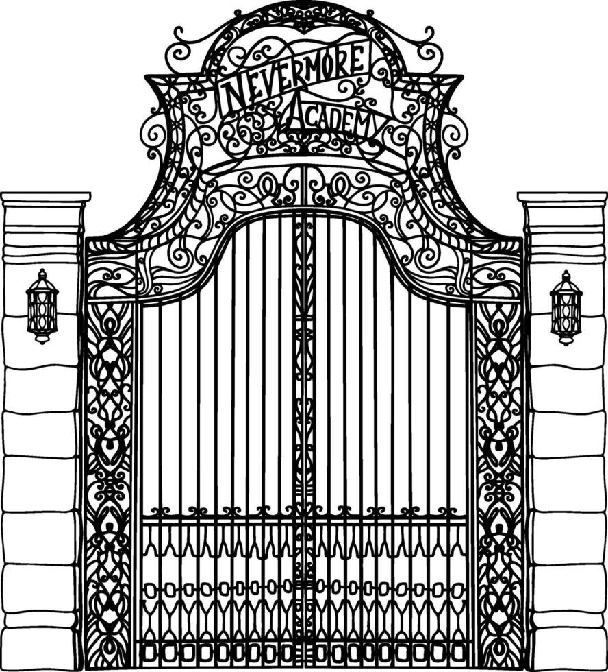 silhouette of a wrought iron gate illustration. Metal openwork old gates to the castle. Openwork leaf steel doors to the garden plot vector