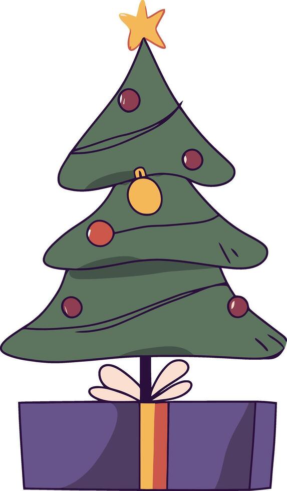 Festive Christmas Tree with Ornaments and Star Topper in a Gift Wrapped Base Cartoon Illustration vector