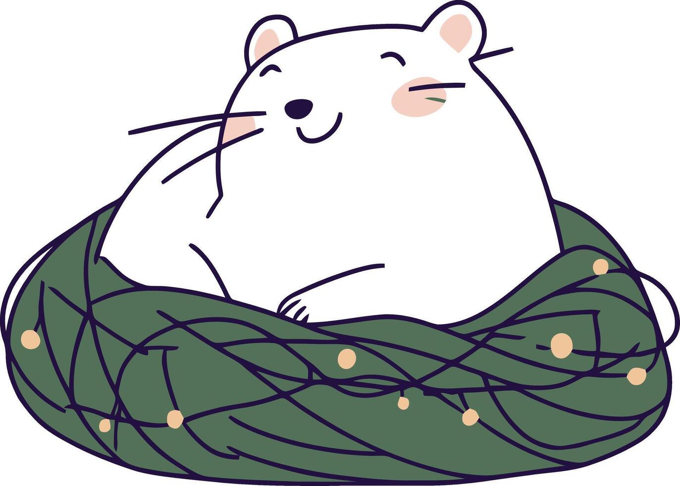 Cute White Mouse Resting in Cozy Green Nest with Lights, Serene Animal Illustration vector