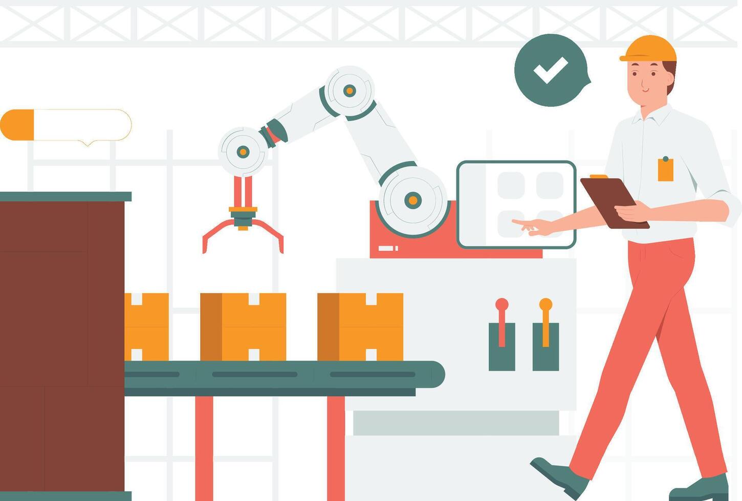 Engineer operate robot hand heavy machinery in shipping factory with computerized control panel manufacturing warehouse concept illustration vector