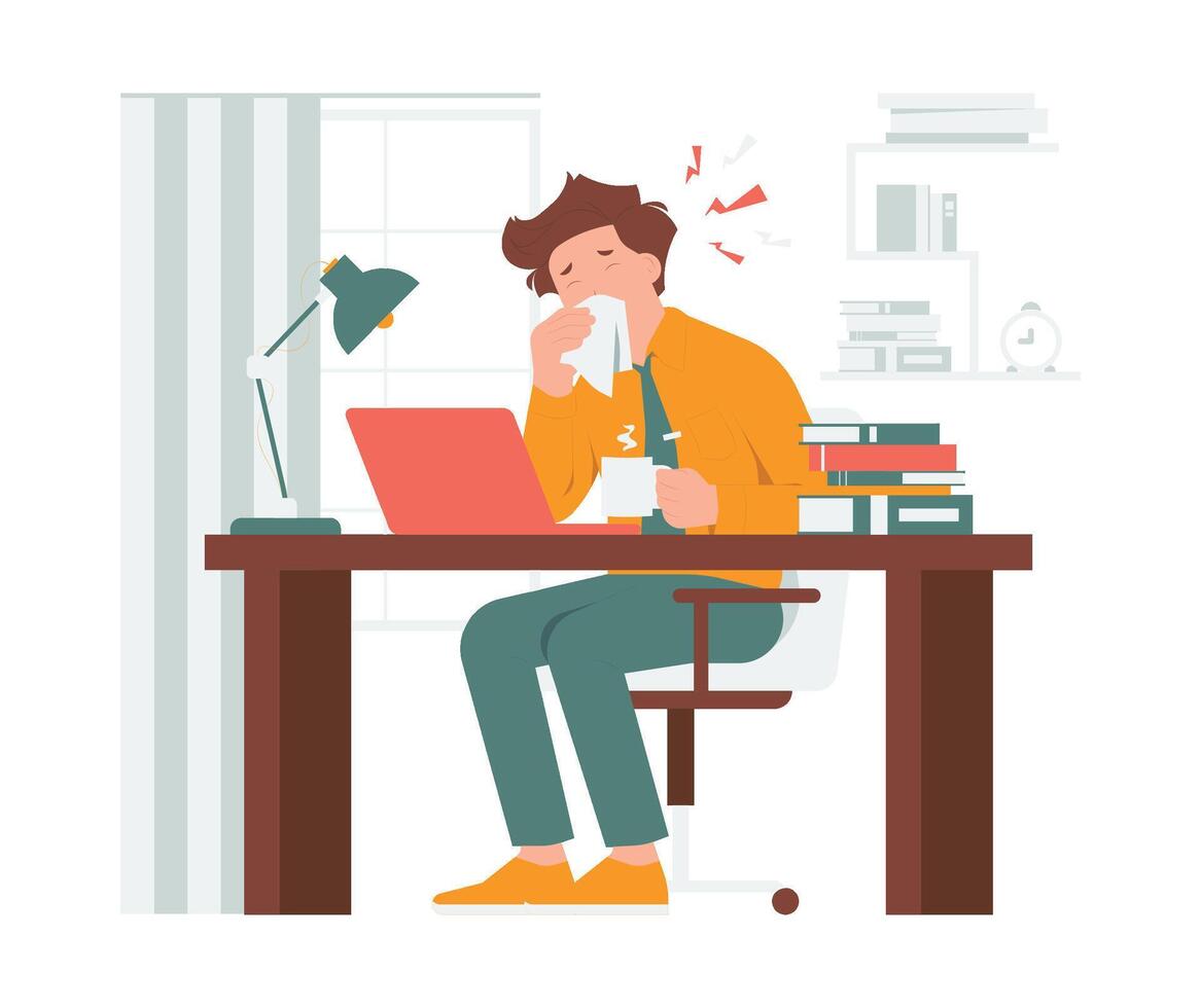 Sick businessman works in the office blowing nose sneezing and wipes his nose with napkin concept illustration vector