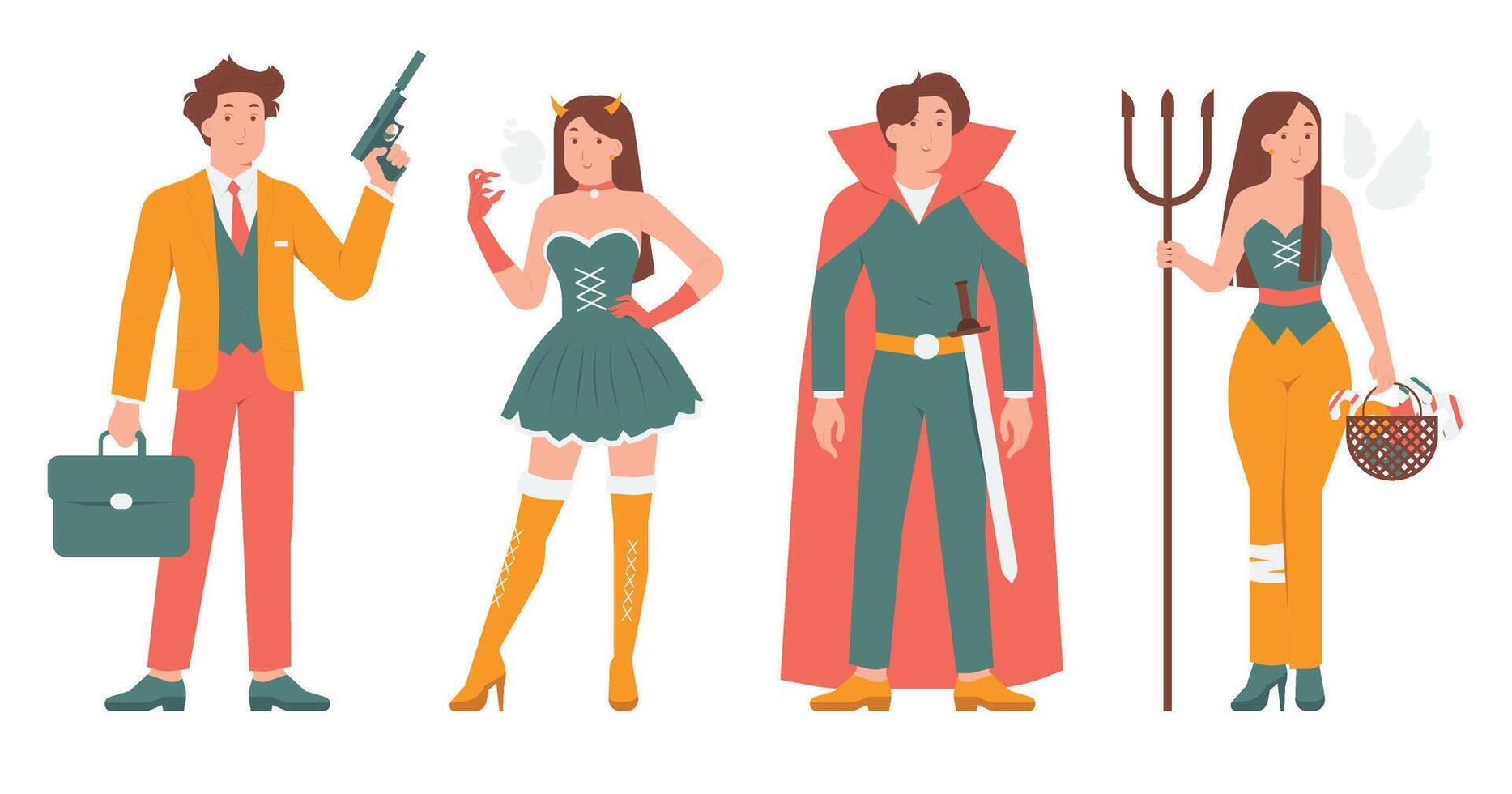 Set Halloween costumes disguise celebrate holiday party concept illustration vector