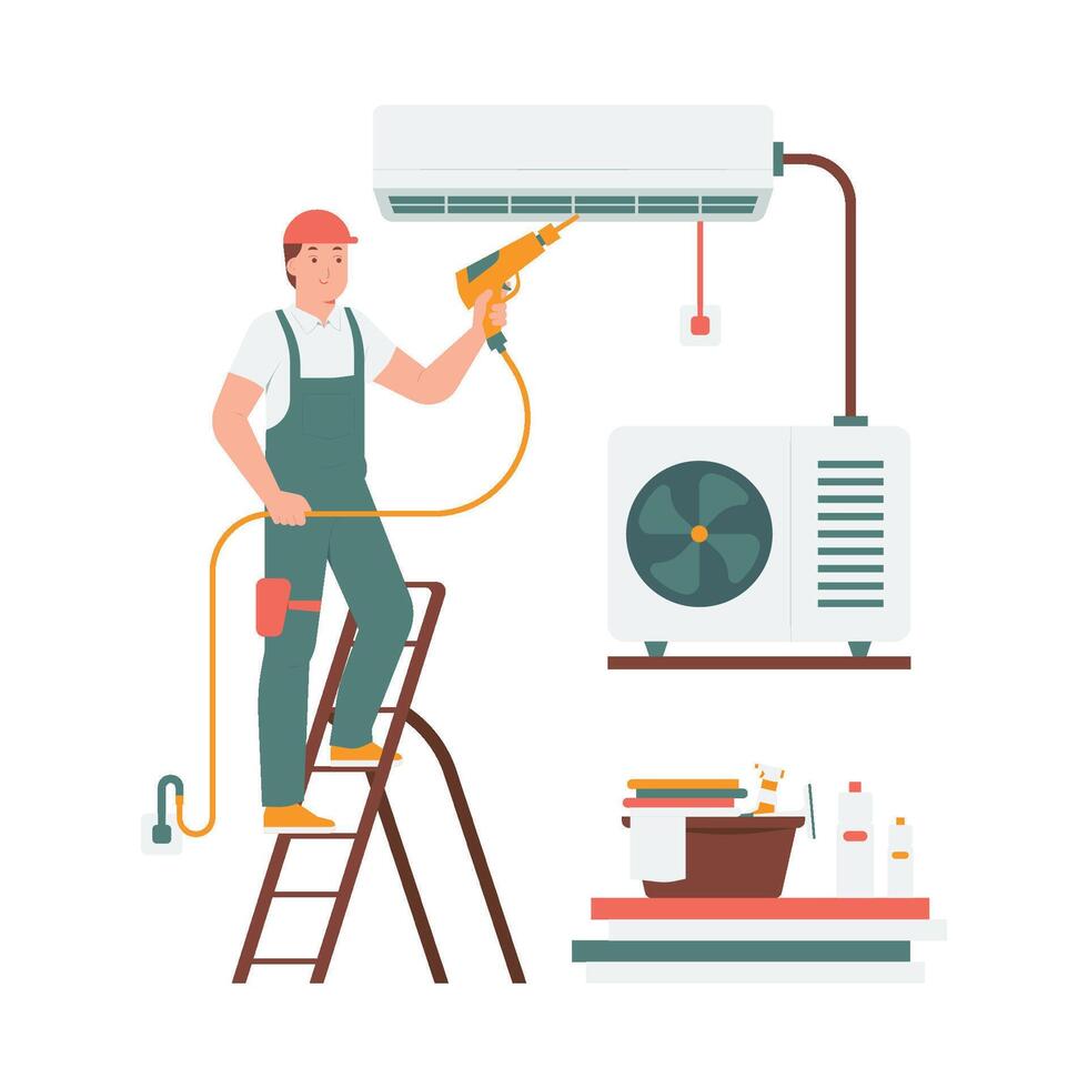 Air conditioning ac service technician workers cleaning repairing washing cooling system maintenance concept illustration vector