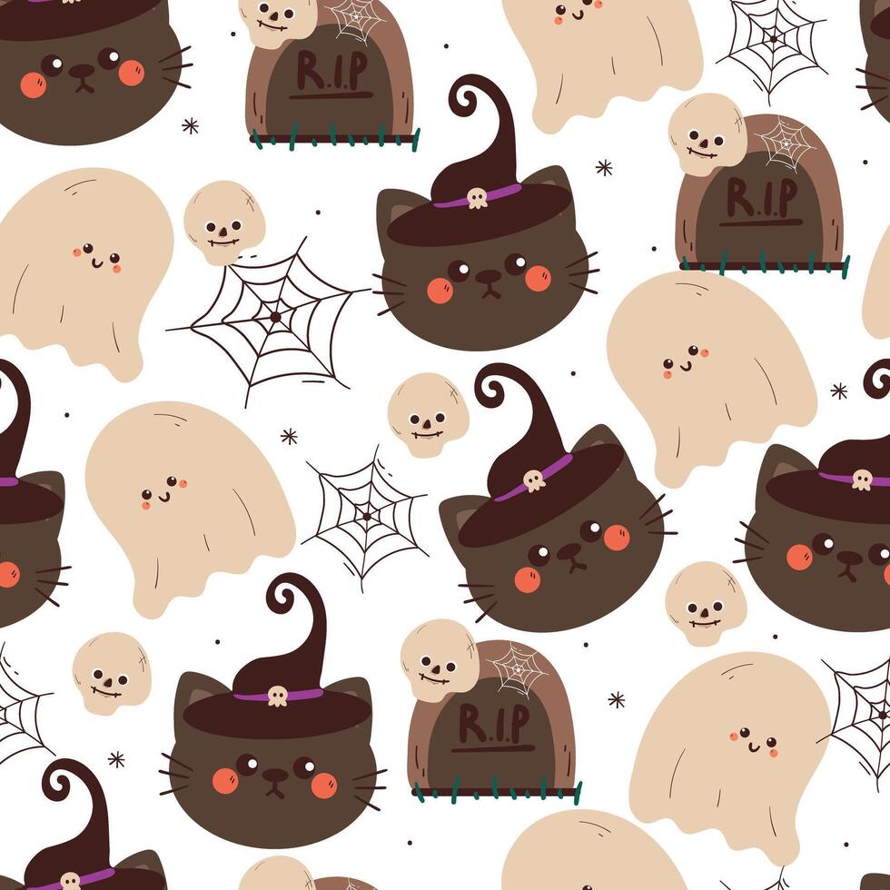 seamless pattern cartoon cat with halloween vibes. cute halloween wallpaper for fabric print, gift wrap paper vector