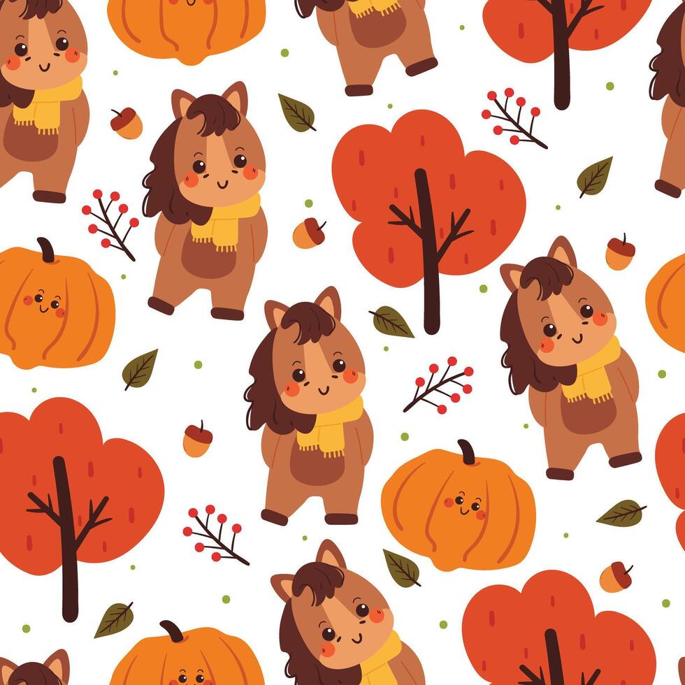 seamless pattern cartoon horse with autumn vibes. cute autumn fall wallpaper for fabric print, gift wrap paper vector