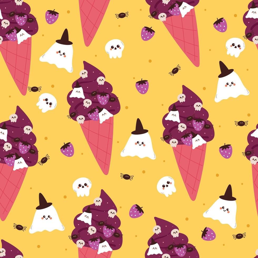 seamless pattern cartoon ice cream with halloween vibes. cute halloween wallpaper for fabric print, gift wrap paper vector