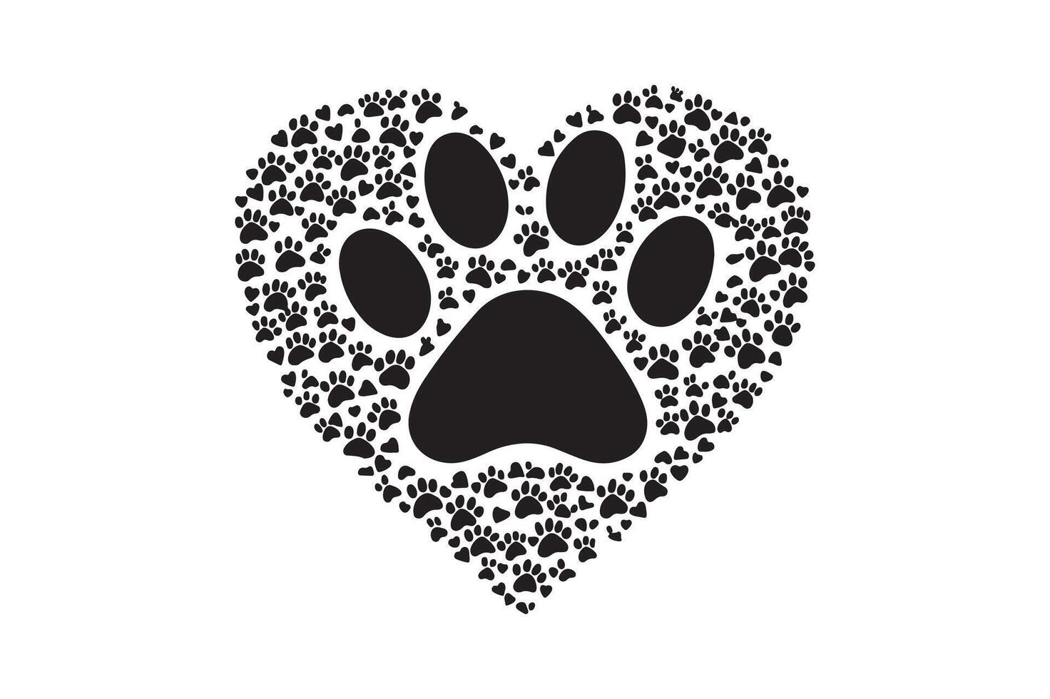 A black and white illustration of a heart shaped paw print vector