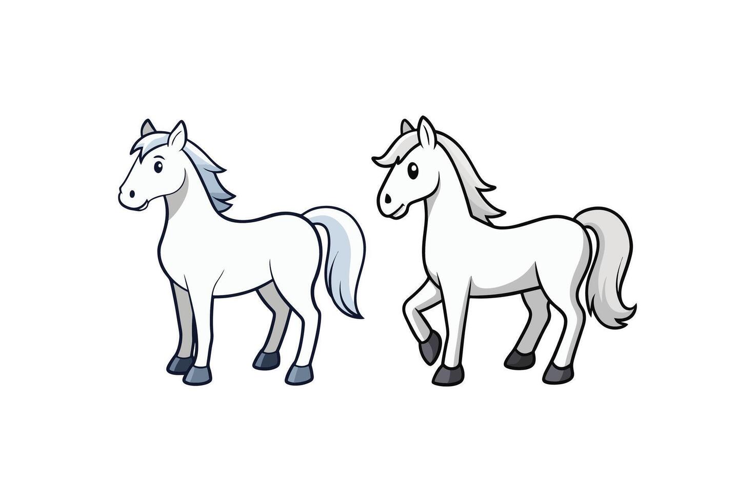 Two horses standing side by side, one is white and the other is gray vector