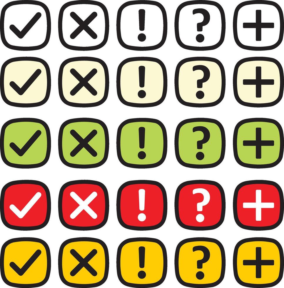 Check, X mark, Exclamation point, Question mark, Plus icon set vector