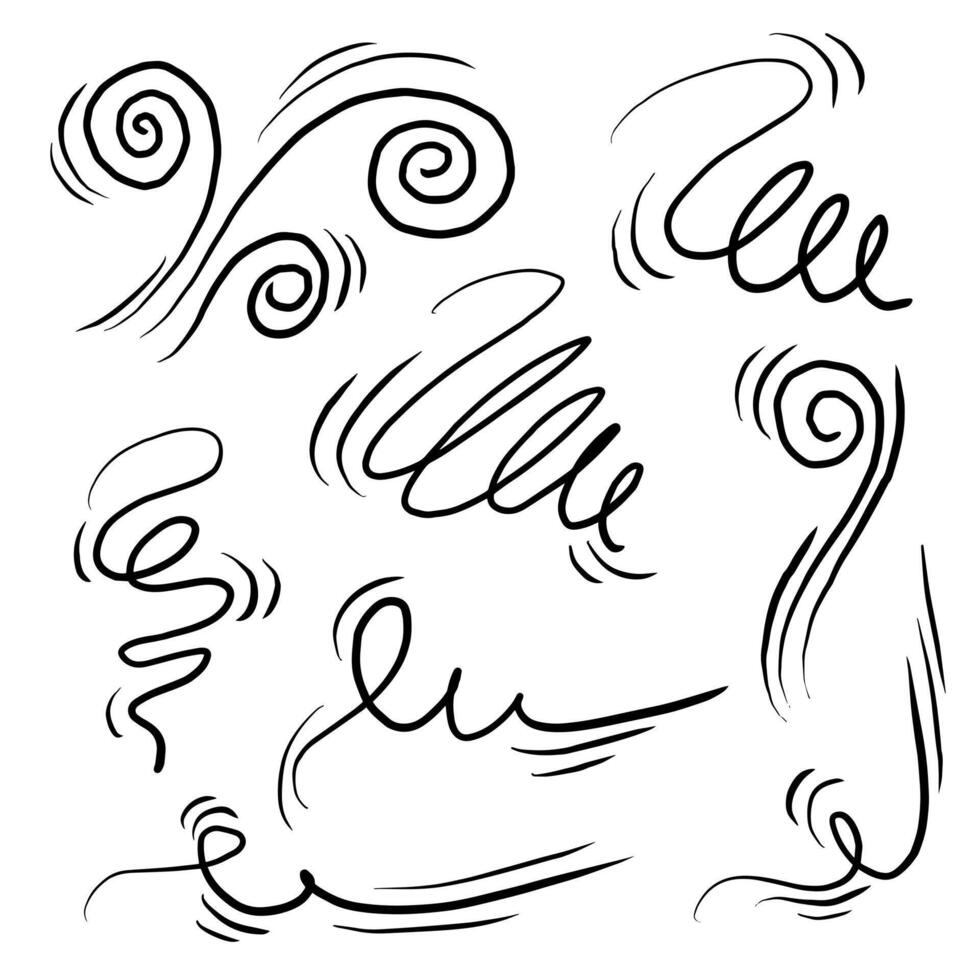 Doodle wind line sketch set. Hand drawn doodle wind movement, air blowing, vortex elements. Sketch of air blowing movement, abstract lines. vector