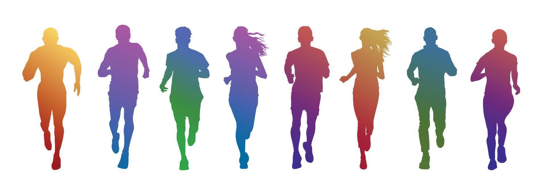 Runners front view collection in multi color gradient. Illustration style. vector