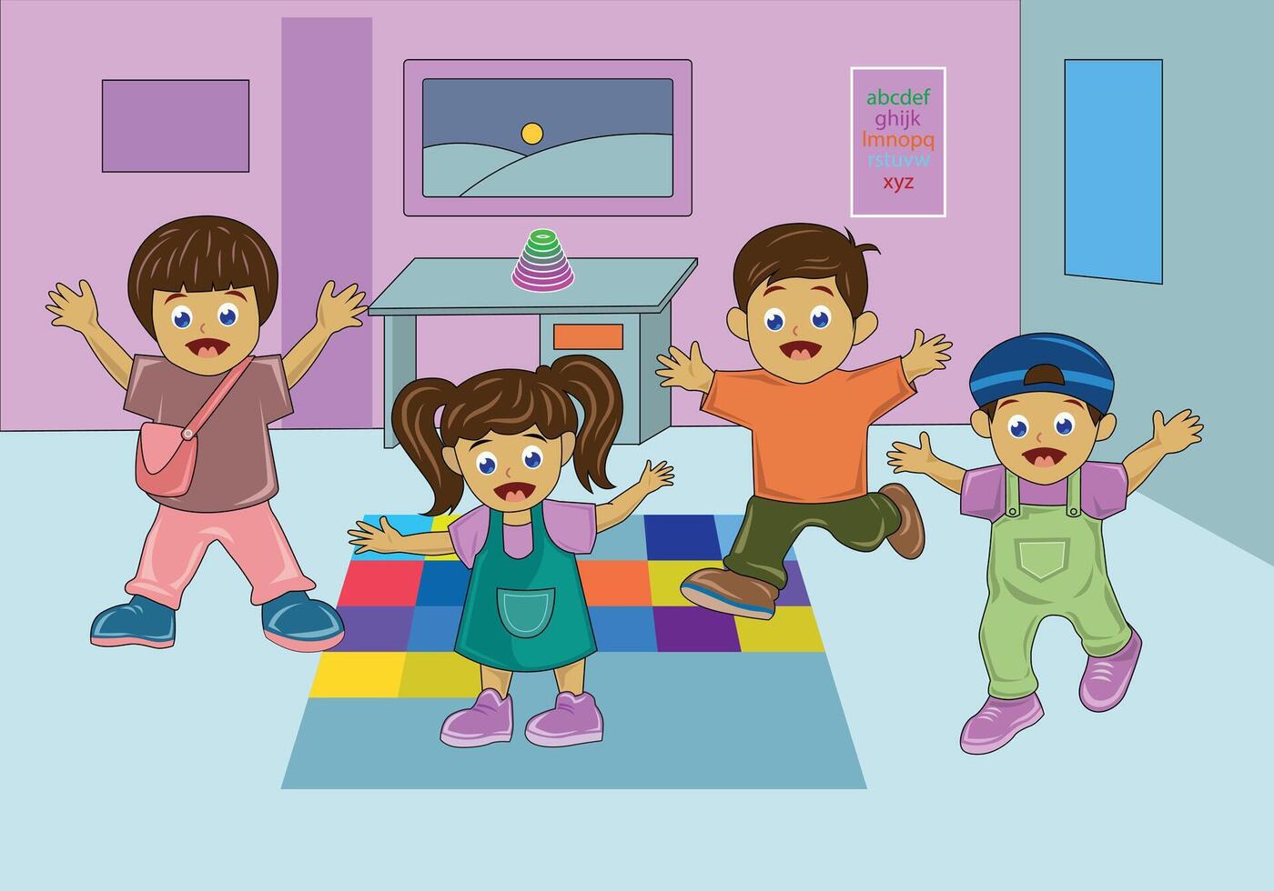 Kindergarten school illustration for design elements. Student playing in the classroom. vector