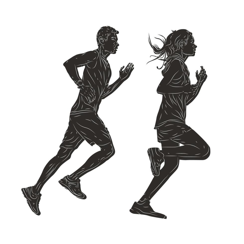 Silhouette runners collection people in black and white sketch illustration style. vector