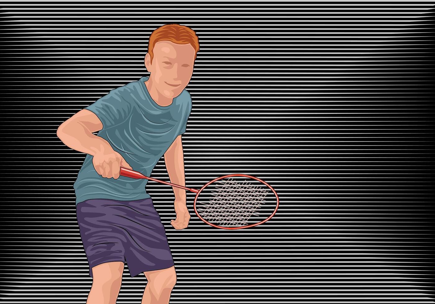 Sketch badminton player with gradient stripes in the background. Illustration style. vector