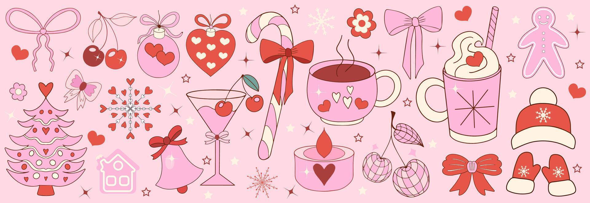 Pink girly coquette christmas set. Merry christmas and happy new year Lovely cute collection, christmas tree decorations with bows, pink ribbon. illustration vector