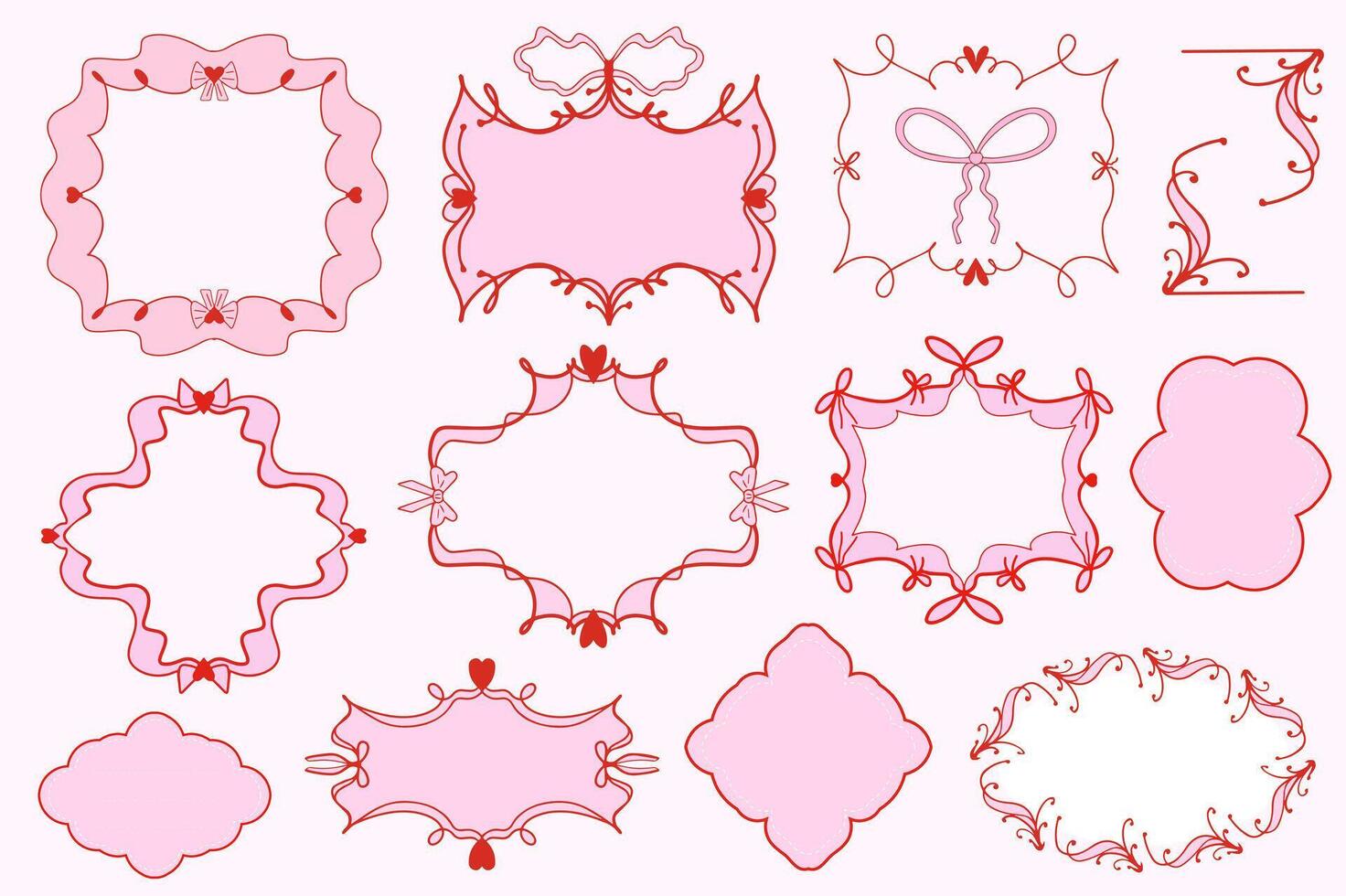 Cute coquette aesthetic pink and red frame set ribbon bow in vintage style. illustration. vector